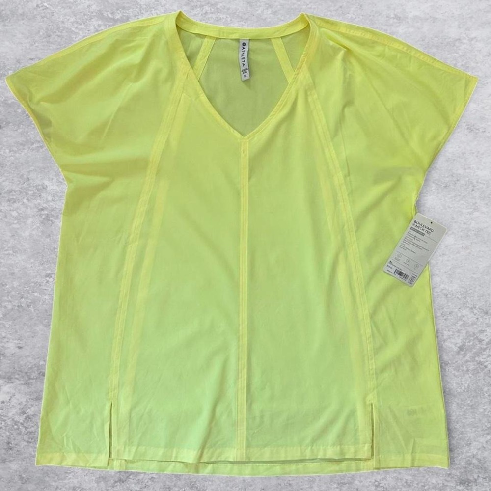 Athleta Boulevard V-Neck Tee XL Neon Yellow Featherweight Stretch Top